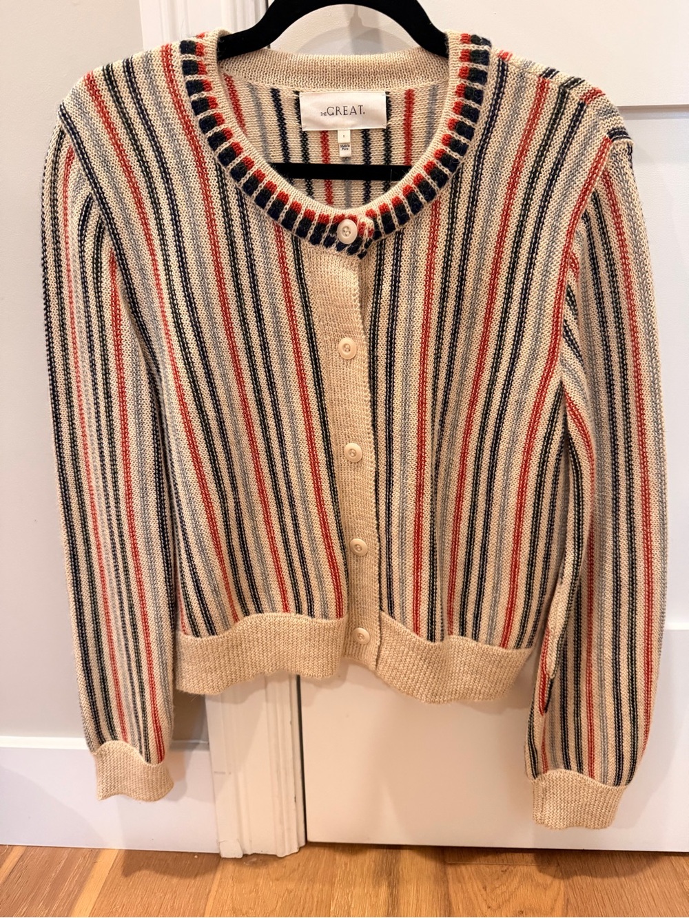 THE GREAT. Striped Knit Cardigan in Cream, Navy & Red